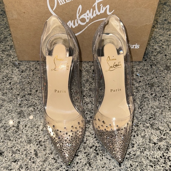 Christian Louboutin Degrastrass PVC 100/Specchio Rhinestone Clear/Silver Heels - Picture 2 of 14